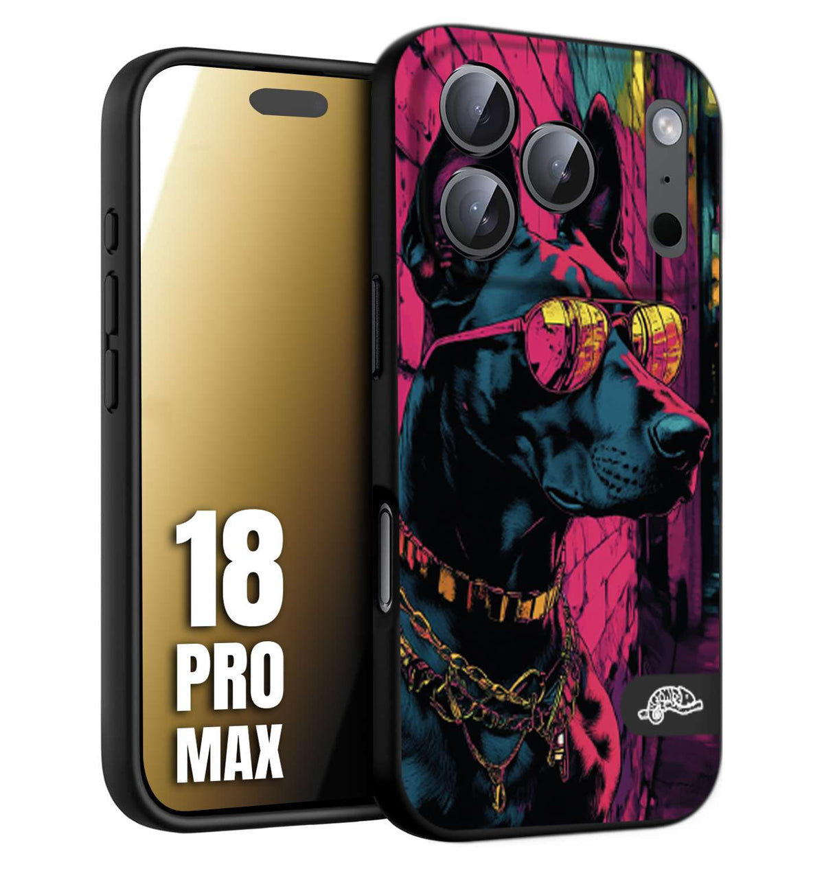 CUSTOMIZZA - Custodia cover nera morbida in tpu compatibile per iPhone 18 PRO MAX animali cyberpunk dobermann cane street dog fucsia blu
