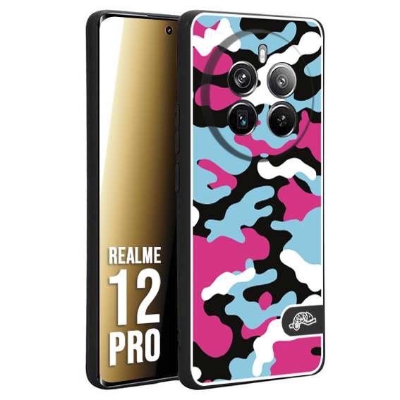 CUSTOMIZZA - Custodia cover nera morbida in tpu compatibile per Realme 12 PRO camouflage mimetico militare fucsia celeste
