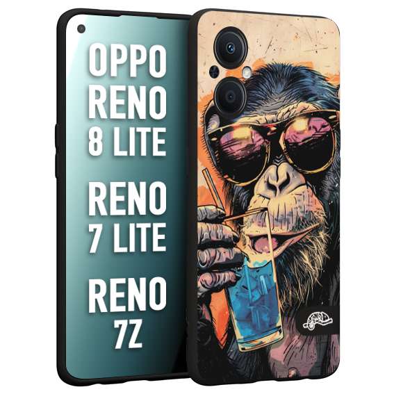 CUSTOMIZZA - Custodia cover nera morbida in tpu compatibile per Oppo Reno 7 Lite - 8 Lite - 7Z estate disegnata cocktails animali simpatici scimmia monkey negroni