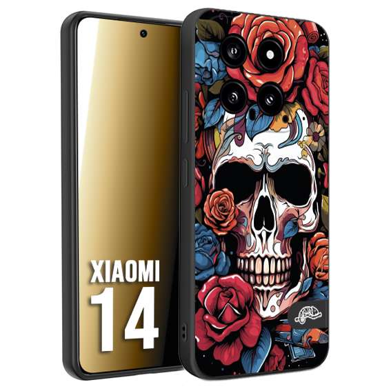 CUSTOMIZZA - Custodia cover nera morbida in tpu compatibile per Xiaomi 14 teschio skull flowers fiori rose rosse tattoo disegnato