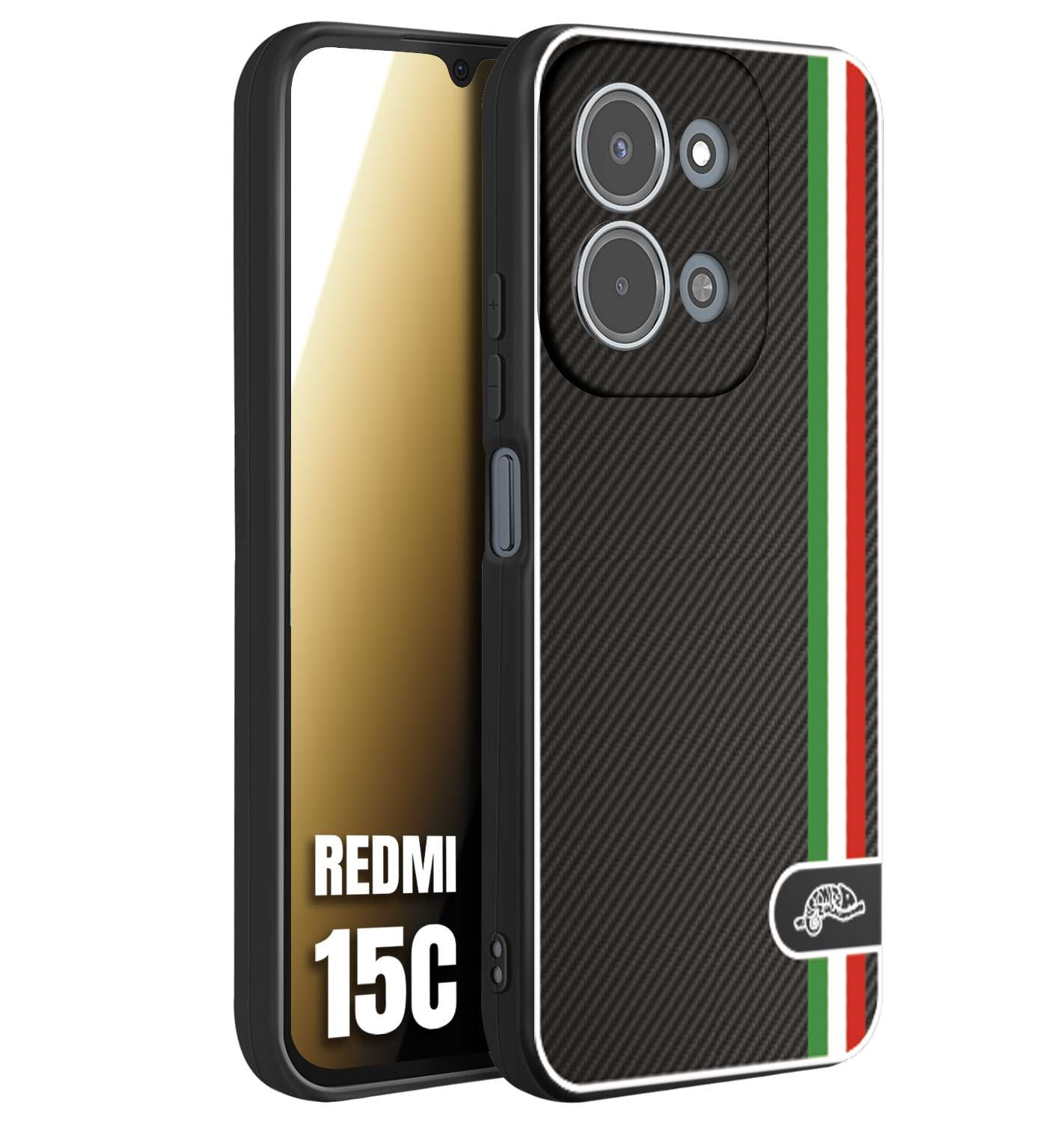 CUSTOMIZZA - Custodia cover nera morbida in tpu compatibile per Xiaomi Redmi 15C effetto fibra di carbonio bandiera Italia made in Italy