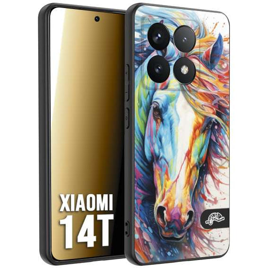 CUSTOMIZZA - Custodia cover nera morbida in tpu compatibile per Xiaomi 14T animali color cavallo horse viso colori vibranti disegnato schizzo
