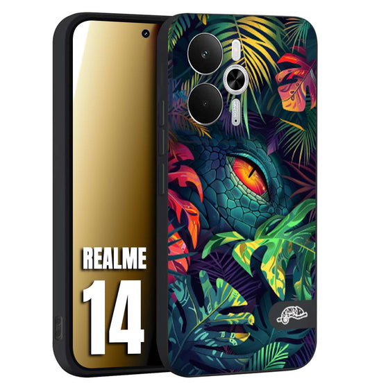 CUSTOMIZZA - Custodia cover nera morbida in tpu compatibile per Realme 14 5G animali color giungla tropicale occhio di coccodrillo alligatore disegnato