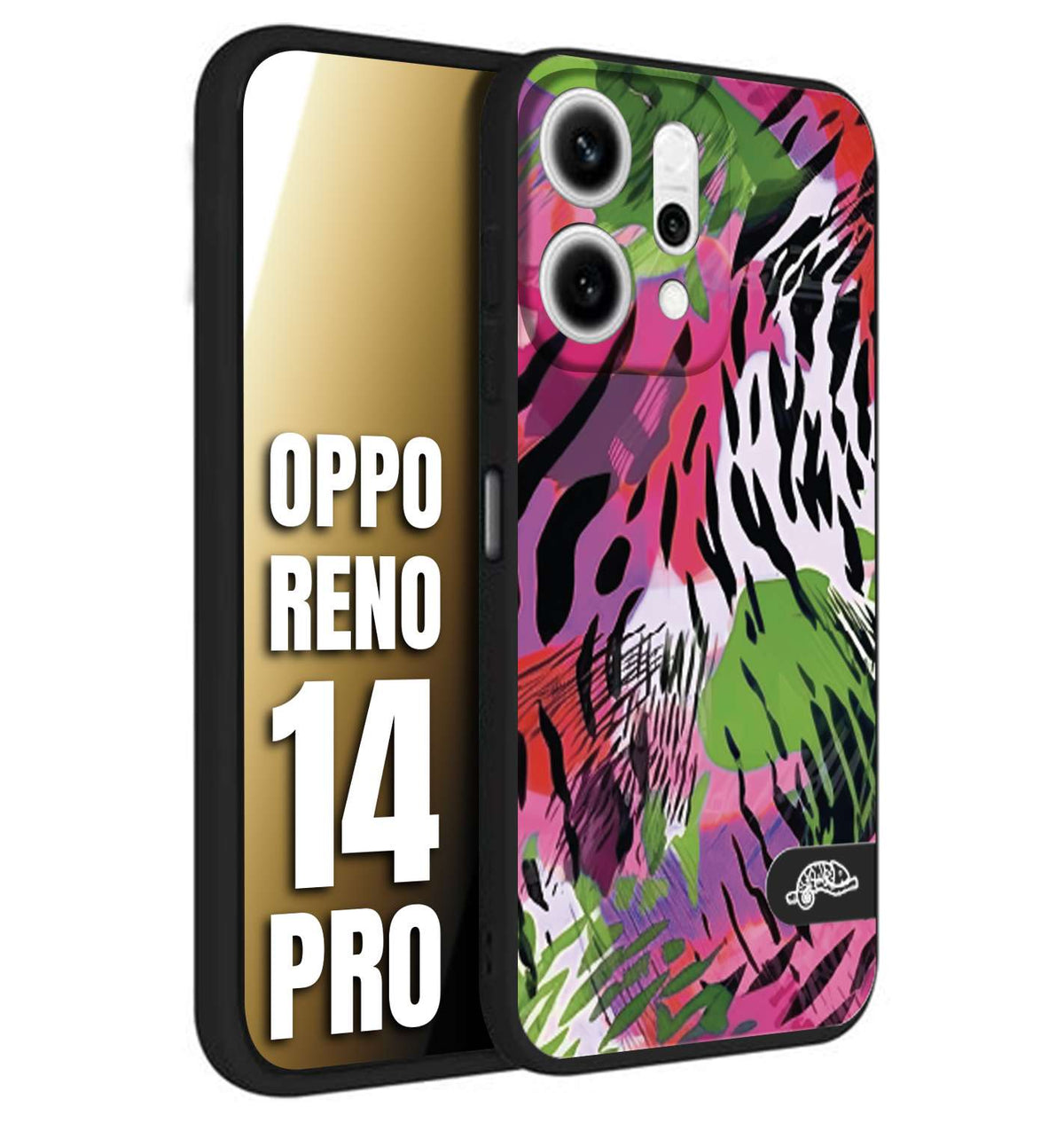CUSTOMIZZA - Custodia cover nera morbida in tpu compatibile per Oppo Reno 14 PRO leopardato tigrato tiger colorata summer color verde fucsia