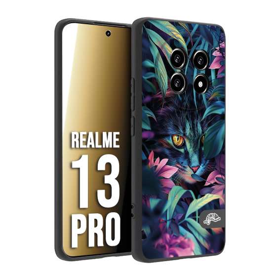 CUSTOMIZZA - Custodia cover nera morbida in tpu compatibile per Realme 13 PRO animali color giungla tropicale occhio di gatto colori vibranti disegnato