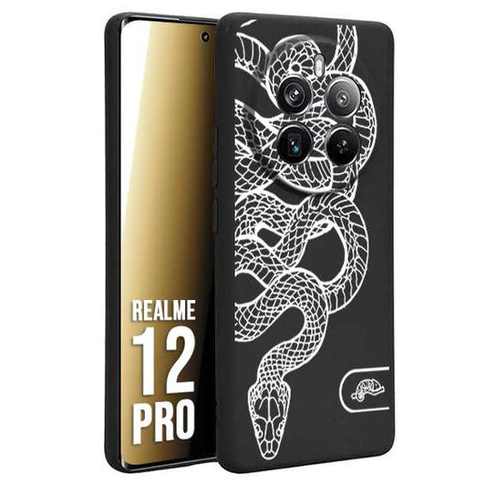 CUSTOMIZZA - Custodia cover nera morbida in tpu compatibile per Realme 12 PRO serpente snake bianco a rilievo disegnato tattoo tatuaggio