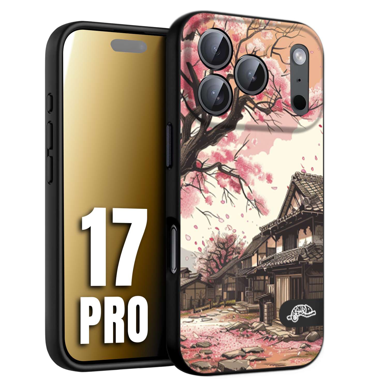 CUSTOMIZZA - Custodia cover nera morbida in tpu compatibile per iPhone 17 PRO casa giapponese rosa ciliegio in fiore disegnata tattoo