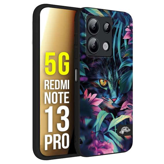 CUSTOMIZZA - Custodia cover nera morbida in tpu compatibile per Xiaomi Redmi Note 13 PRO 5G animali color giungla tropicale occhio di gatto colori vibranti disegnato