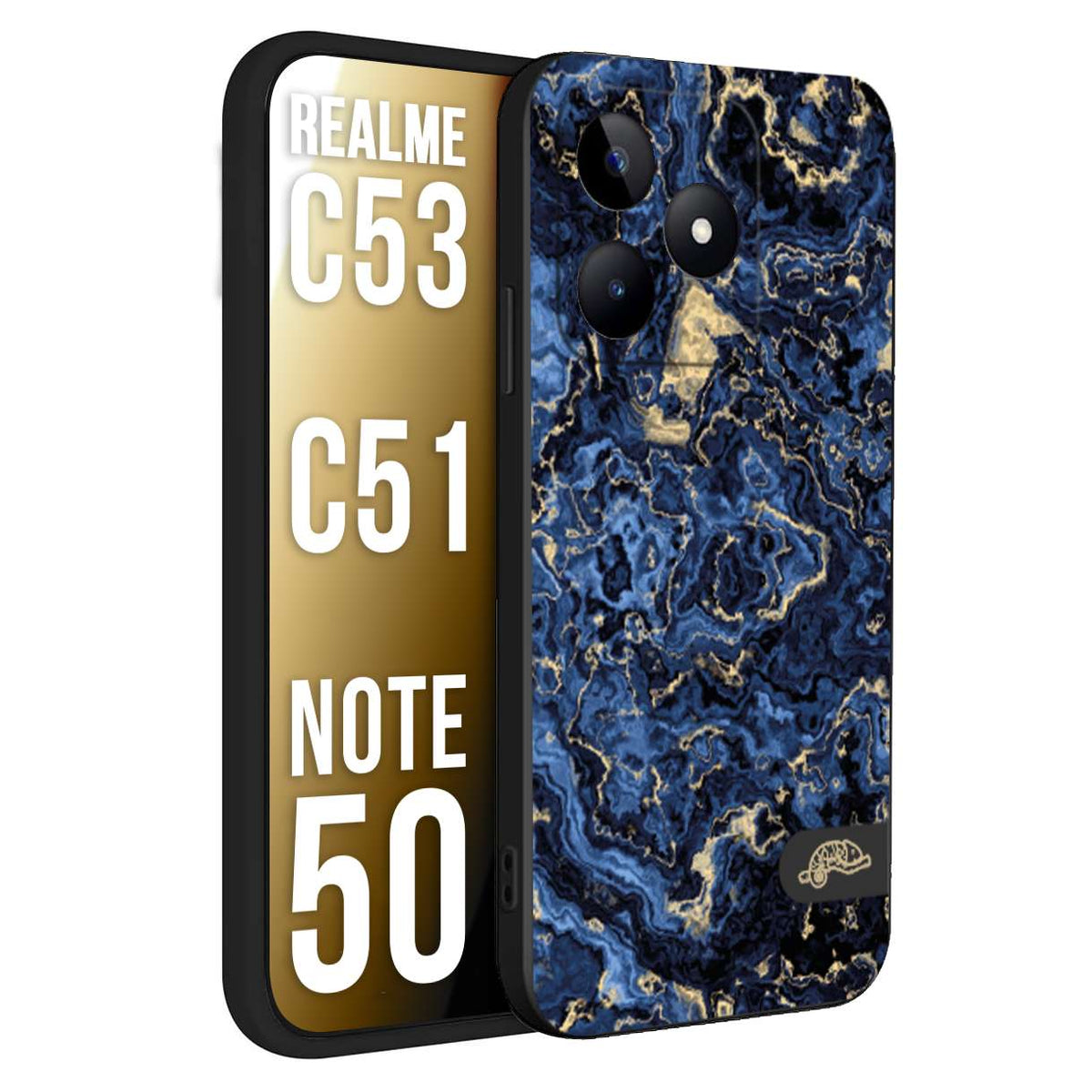 CUSTOMIZZA - Custodia cover nera morbida in tpu compatibile per Realme C53 - C51 - NOTE 50 effetto marmo marble blu venature dorato psichedelico