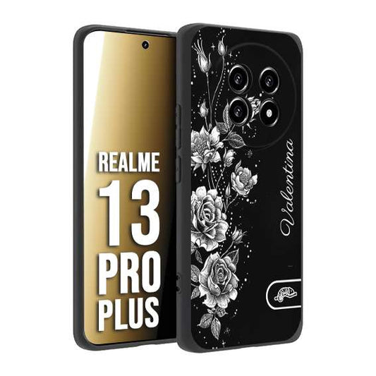 CUSTOMIZZA - Custodia cover nera morbida in tpu compatibile per Realme 13 PRO PLUS personalizzata rilievo soft touch nome rose fiori donna
