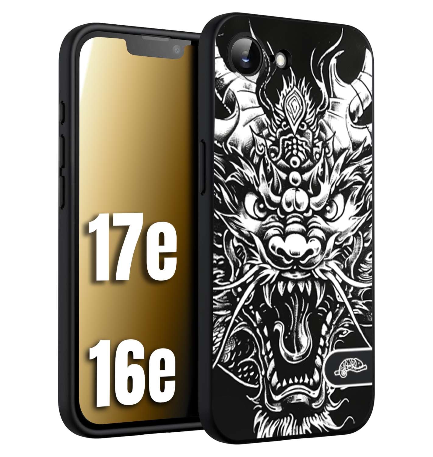 CUSTOMIZZA - Custodia cover nera morbida in tpu compatibile per iPhone 16E - 17E drago black and white bianco a rilievo disegnato tattoo tatuaggio