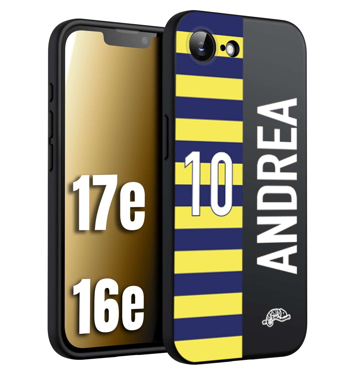 CUSTOMIZZA - Custodia cover nera morbida in tpu compatibile per iPhone 16E - 17E personalizzata calcio football nome e numero calciatori giallo blu