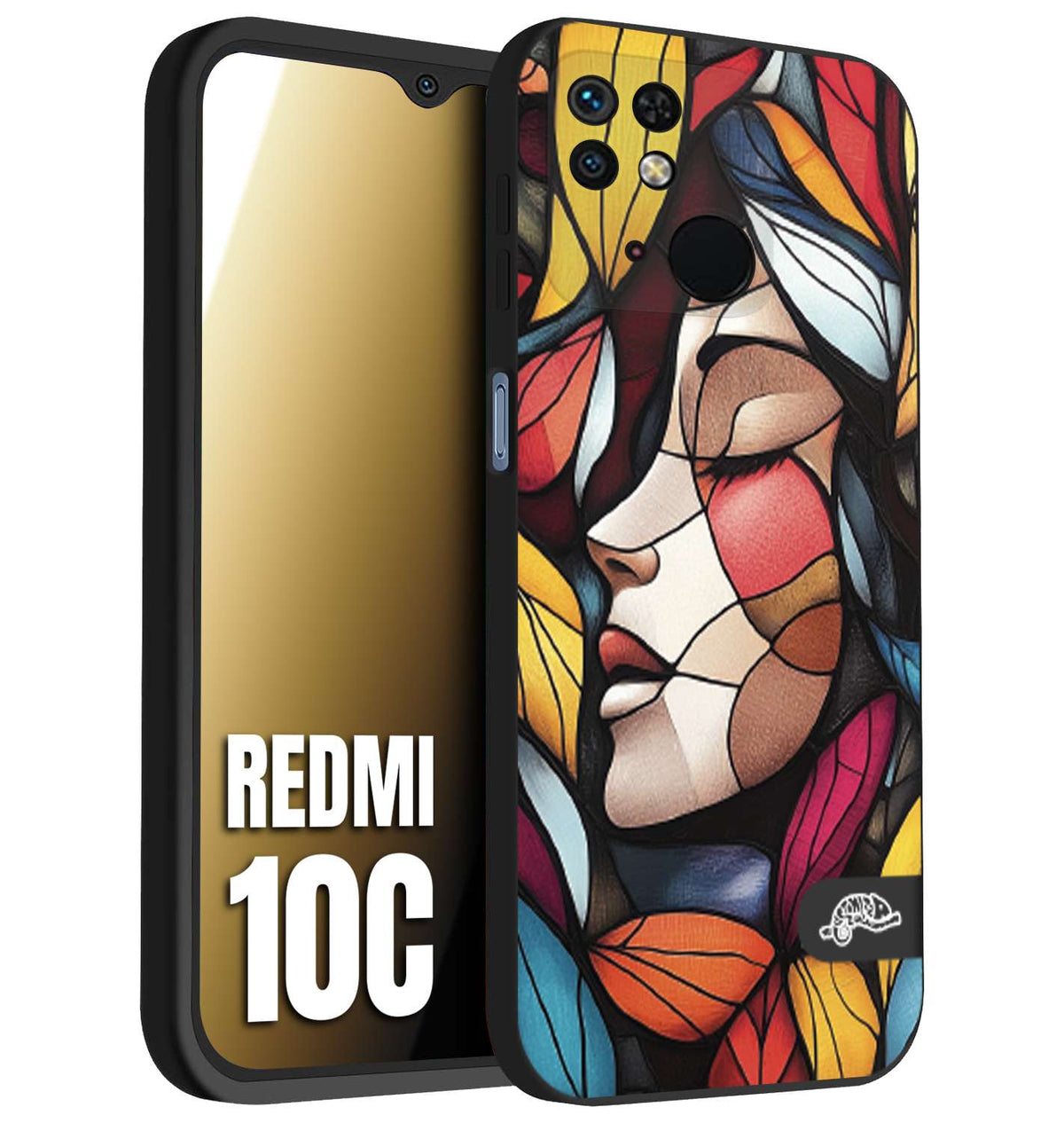 CUSTOMIZZA - Custodia cover nera morbida in tpu compatibile per Xiaomi Redmi 10C Vetrata artistica volto di donna profilo fogliare mosaico di vetro colorato