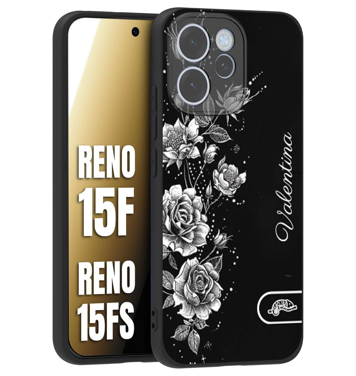 CUSTOMIZZA - Custodia cover nera morbida in tpu compatibile per Oppo Reno 15 F - Reno 15 FS personalizzata rilievo soft touch nome rose fiori donna