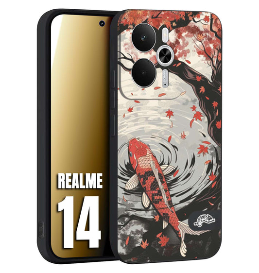 CUSTOMIZZA - Custodia cover nera morbida in tpu compatibile per Realme 14 5G giapponese lago carpa koi rossa con foglie d'acero rosso disegnata tattoo