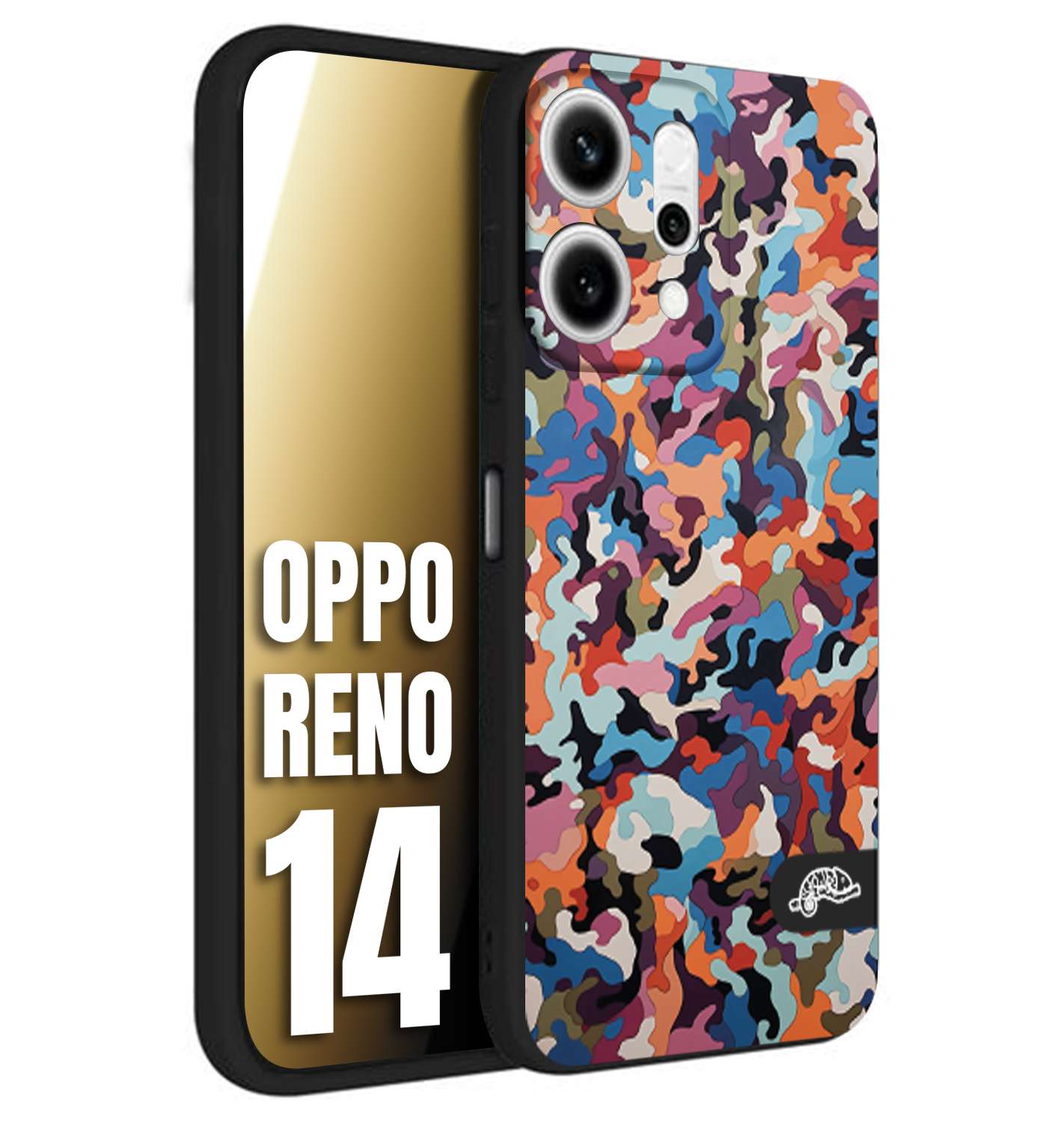 CUSTOMIZZA - Custodia cover nera morbida in tpu compatibile per Oppo Reno 14 camouflage mimetico militare moderno blu arancio rosa