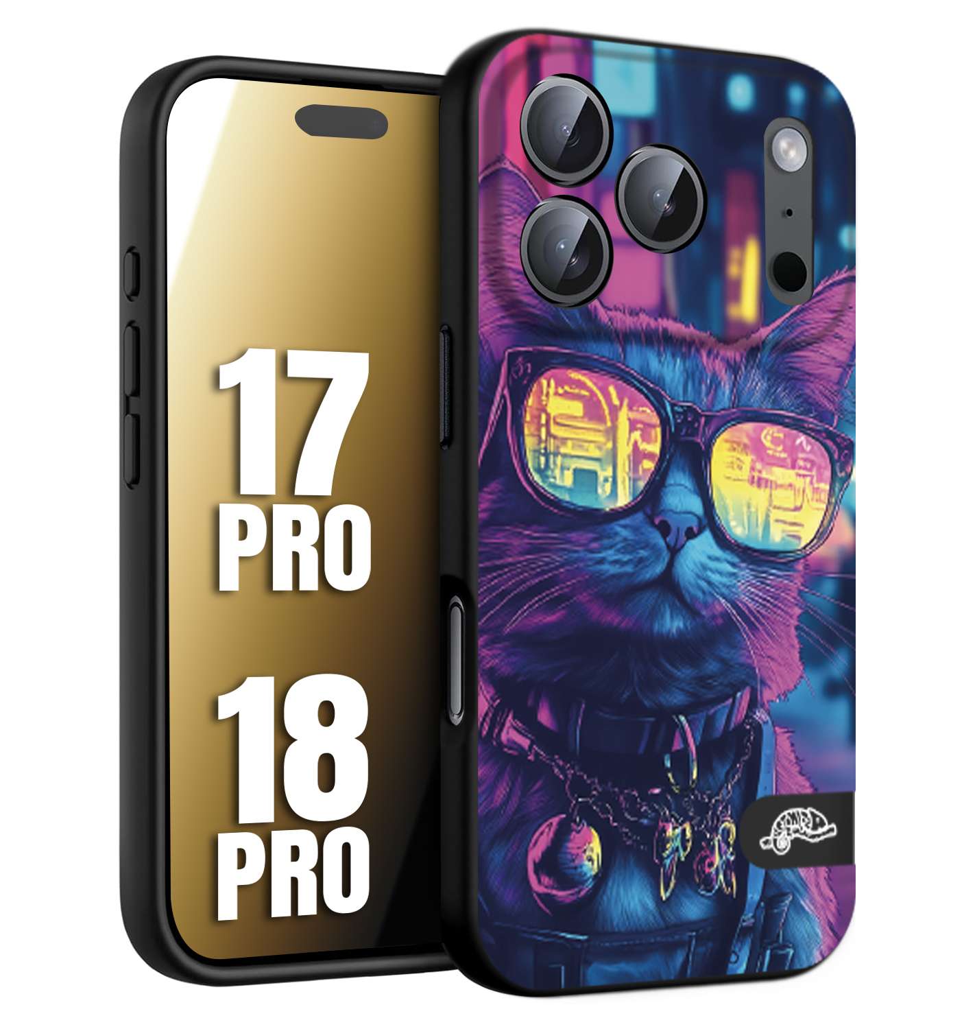 CUSTOMIZZA - Custodia cover nera morbida in tpu compatibile per iPhone 17 PRO - 18 PRO animali cyberpunk gatto street cat fucsia blu giallo