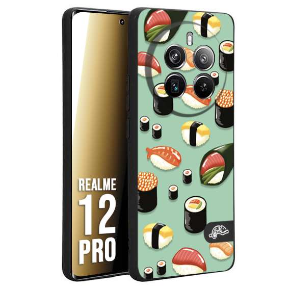 CUSTOMIZZA - Custodia cover nera morbida in tpu compatibile per Realme 12 PRO sushi disegni giapponese nighiri acquamarina verde