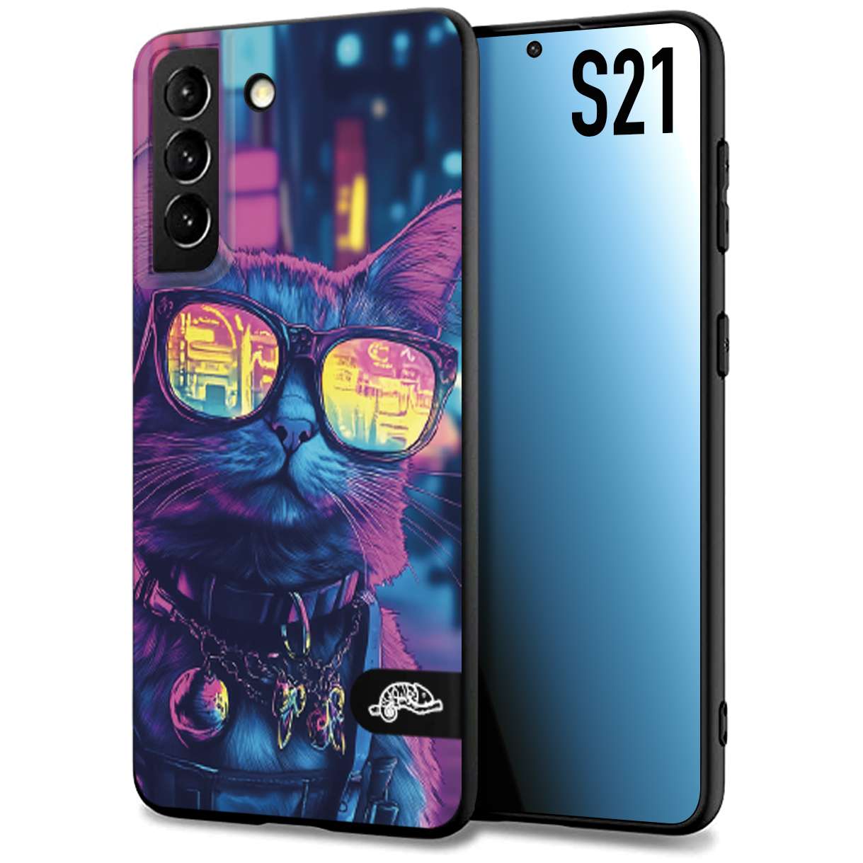 CUSTOMIZZA - Custodia cover nera morbida in tpu compatibile per Samsung S21 animali cyberpunk gatto street cat fucsia blu giallo