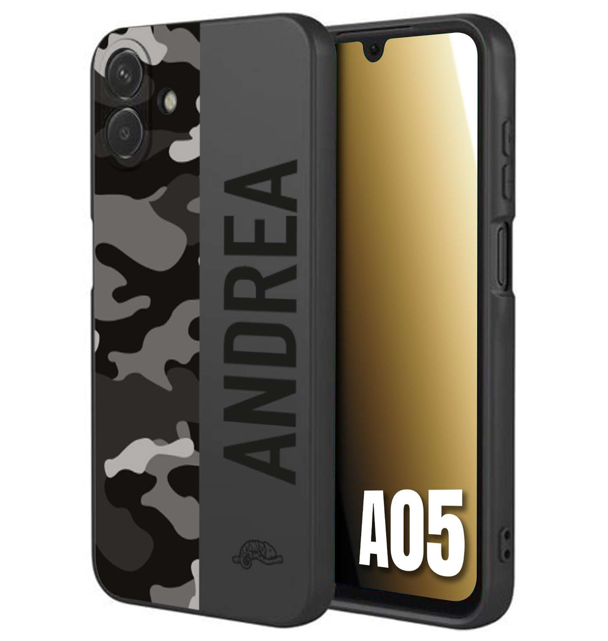 CUSTOMIZZA - Custodia cover nera morbida in tpu compatibile per Samsung A05 camouflage mimetico militare personalizzata nome