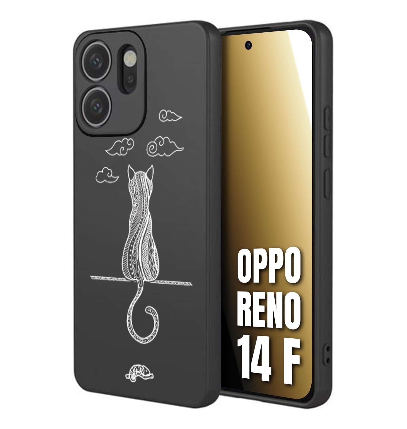 CUSTOMIZZA - Custodia cover nera morbida in tpu compatibile per Oppo Reno 14 F gatto mandala stilizzato gattino a rilievo soft touch donna bianca