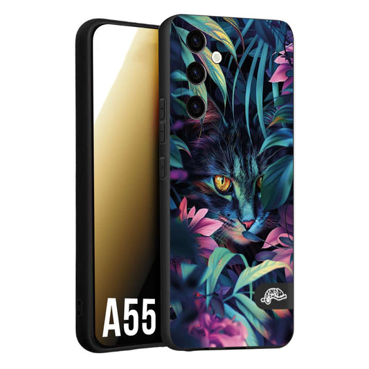 CUSTOMIZZA - Custodia cover nera morbida in tpu compatibile per Samsung A55 5G animali color giungla tropicale occhio di gatto colori vibranti disegnato