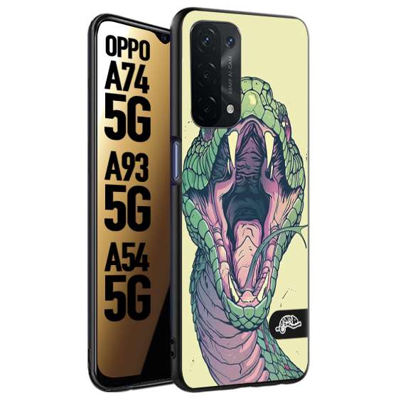 CUSTOMIZZA - Custodia cover nera morbida in tpu compatibile per Oppo A74 5G - A93 5G - A54 5G snake yellow green serpente tatuaggio tattoo disegnato a mano