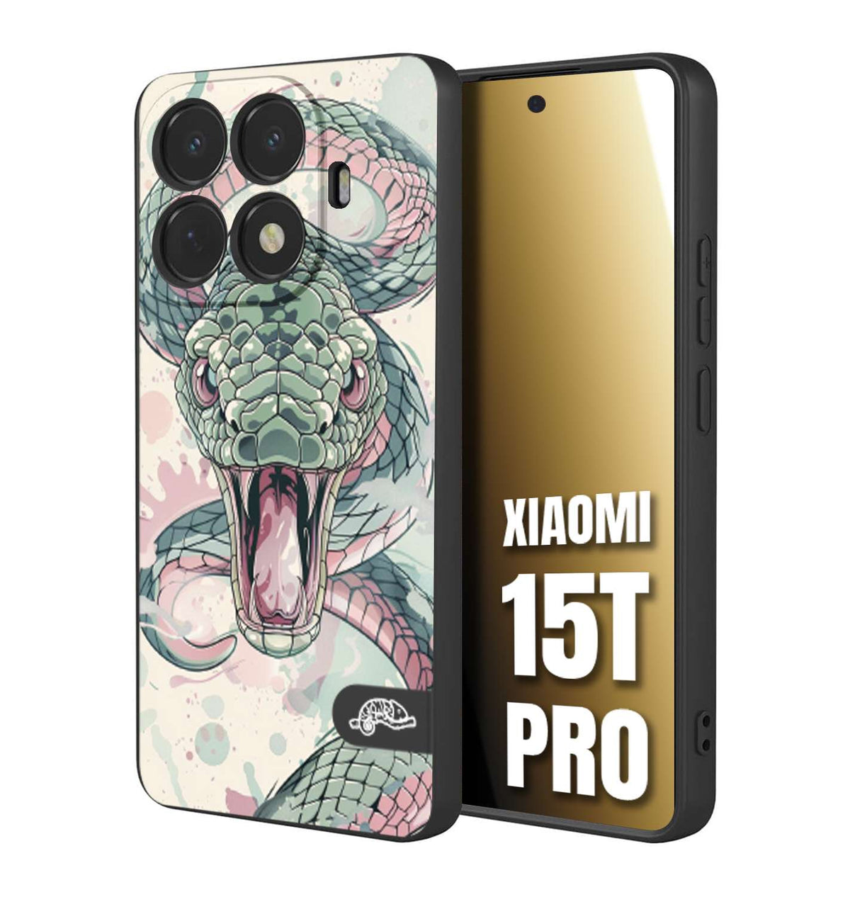 CUSTOMIZZA - Custodia cover nera morbida in tpu compatibile per Xiaomi 15T PRO snake pink green serpente tatuaggio tattoo disegnato a mano