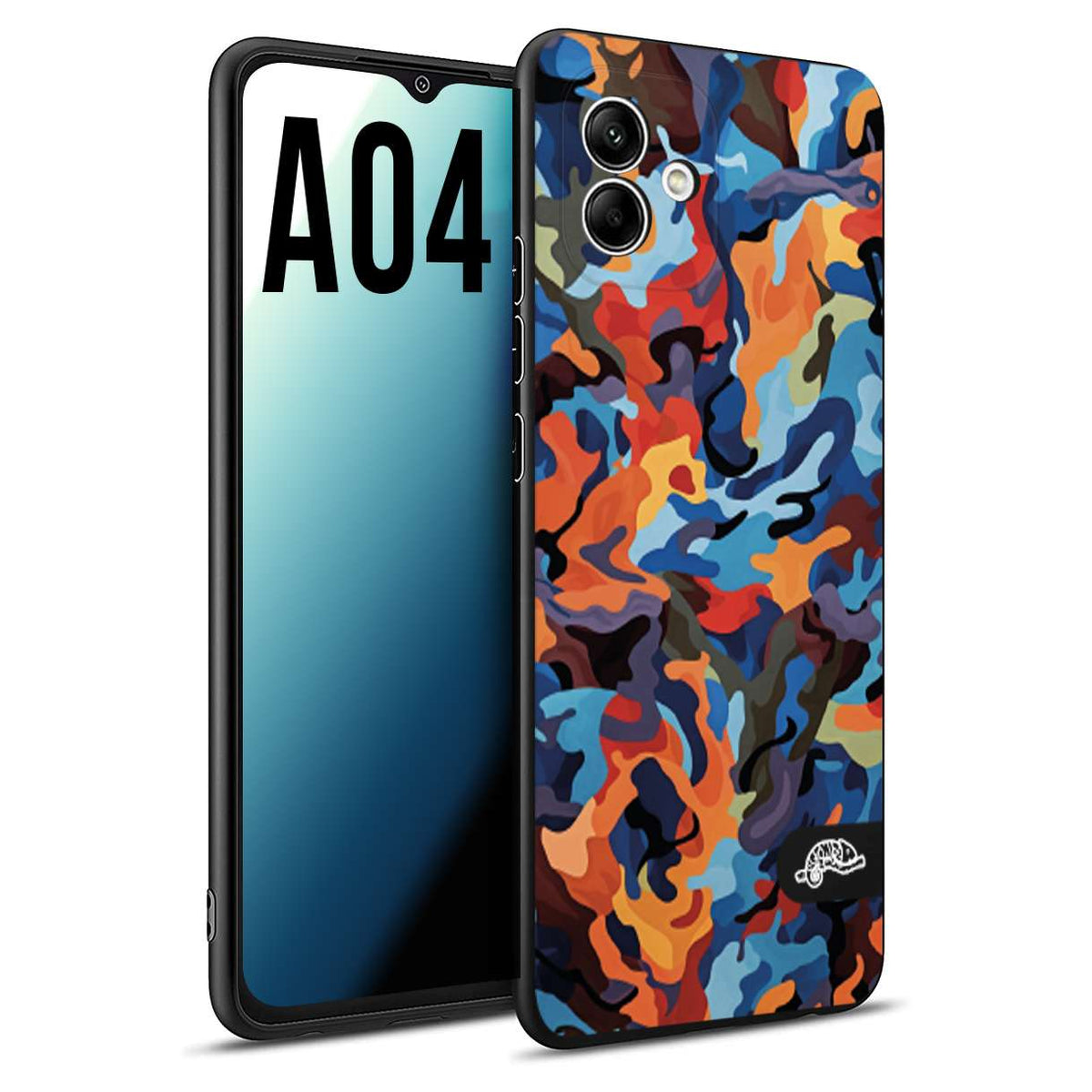 CUSTOMIZZA - Custodia cover nera morbida in tpu compatibile per Samsung A04 camouflage mimetico militare moderno blu arancio rosso