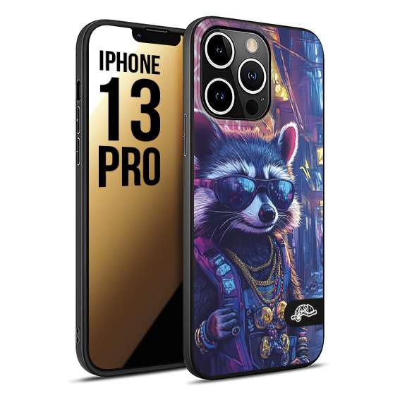 CUSTOMIZZA - Custodia cover nera morbida in tpu compatibile per iPhone 13 PRO animali simpatici cyberpunk procione racoon street cat fucsia blu giallo