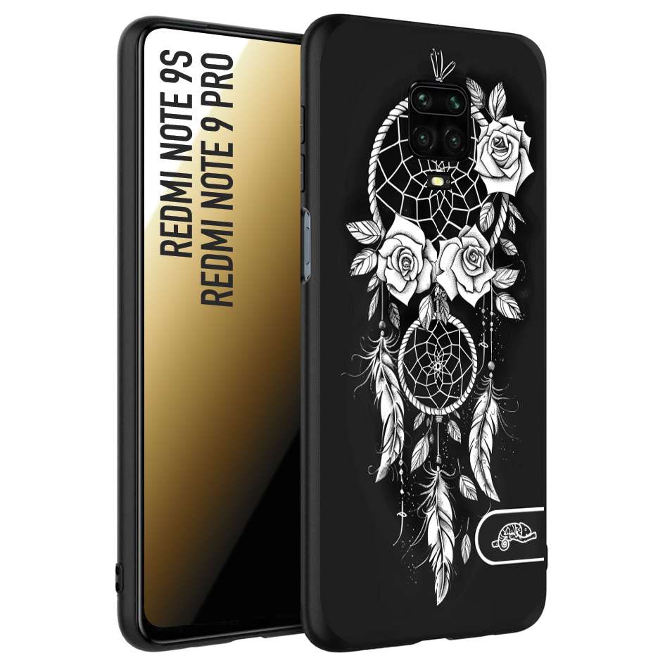 CUSTOMIZZA - Custodia cover nera morbida in tpu compatibile per Xiaomi Redmi Note 9S - Note 9 PRO acchiappasogni dreamcatcher black and white bianco a rilievo disegnato tattoo tatuaggio