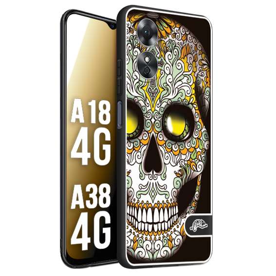 CUSTOMIZZA - Custodia cover nera morbida in tpu compatibile per Oppo A18 4G - A38 4G teschio messicano Mexican skull bianco verde giallo