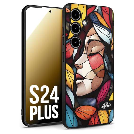 CUSTOMIZZA - Custodia cover nera morbida in tpu compatibile per Samsung S24 PLUS Vetrata artistica volto di donna profilo fogliare mosaico di vetro colorato