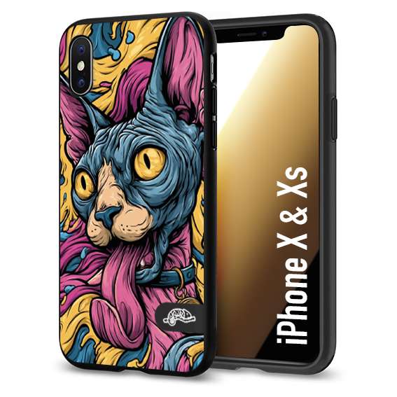 CUSTOMIZZA - Custodia cover nera morbida in tpu compatibile per iPhone X - Xs Sphynx Colorato Pop Art Psichedelico Gatto Blu Rosa Giallo Artistica Fantasy