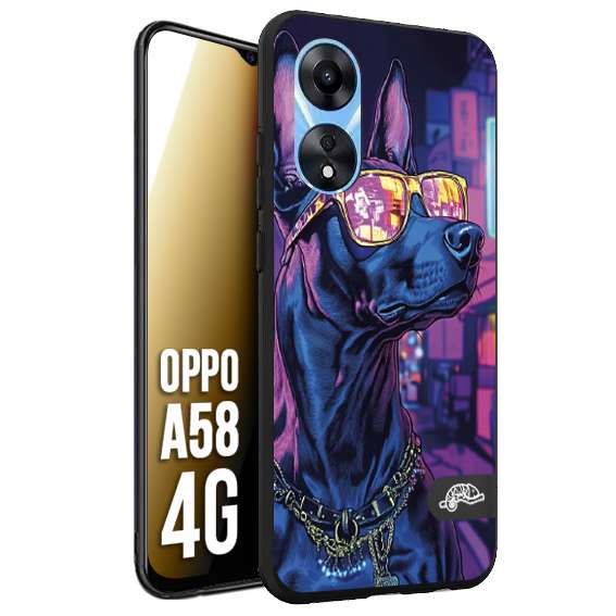 CUSTOMIZZA - Custodia cover nera morbida in tpu compatibile per Oppo A58 4G animali cyberpunk dobermann cane street dog fucsia blu night