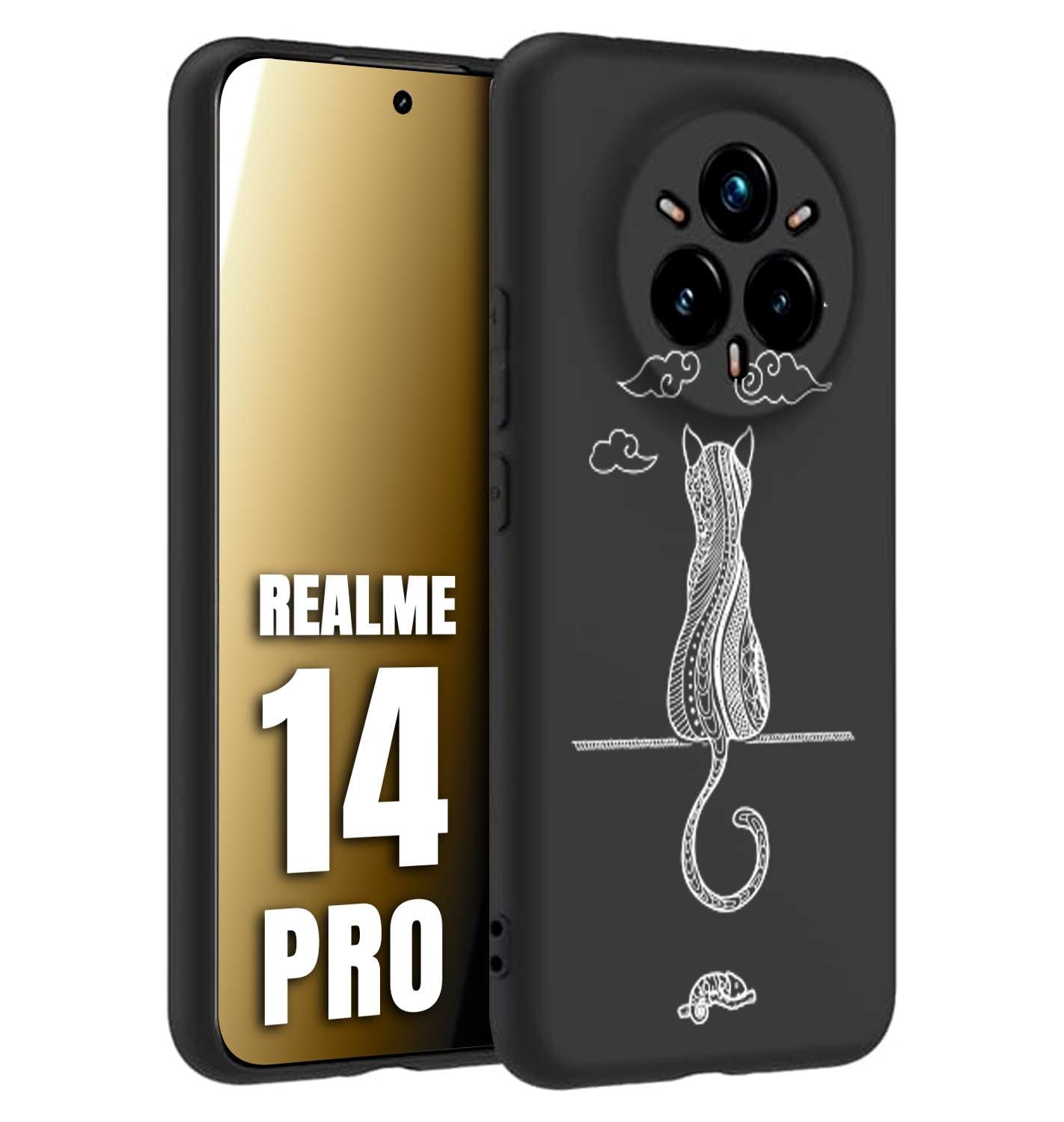 CUSTOMIZZA - Custodia cover nera morbida in tpu compatibile per Realme 14 PRO gatto mandala stilizzato gattino a rilievo soft touch donna bianca