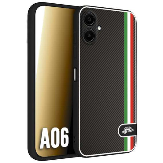 CUSTOMIZZA - Custodia cover nera morbida in tpu compatibile per Samsung A06 effetto fibra di carbonio bandiera Italia made in Italy