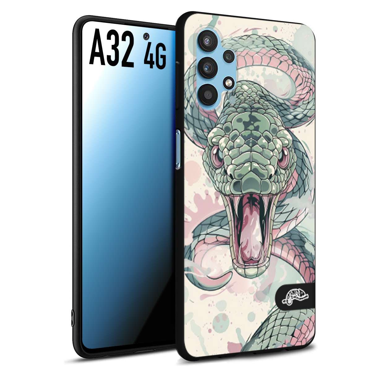 CUSTOMIZZA - Custodia cover nera morbida in tpu compatibile per Samsung A32 4G snake pink green serpente tatuaggio tattoo disegnato a mano