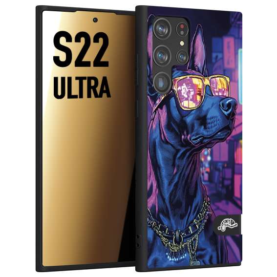 CUSTOMIZZA - Custodia cover nera morbida in tpu compatibile per Samsung S22 ULTRA animali cyberpunk dobermann cane street dog fucsia blu night