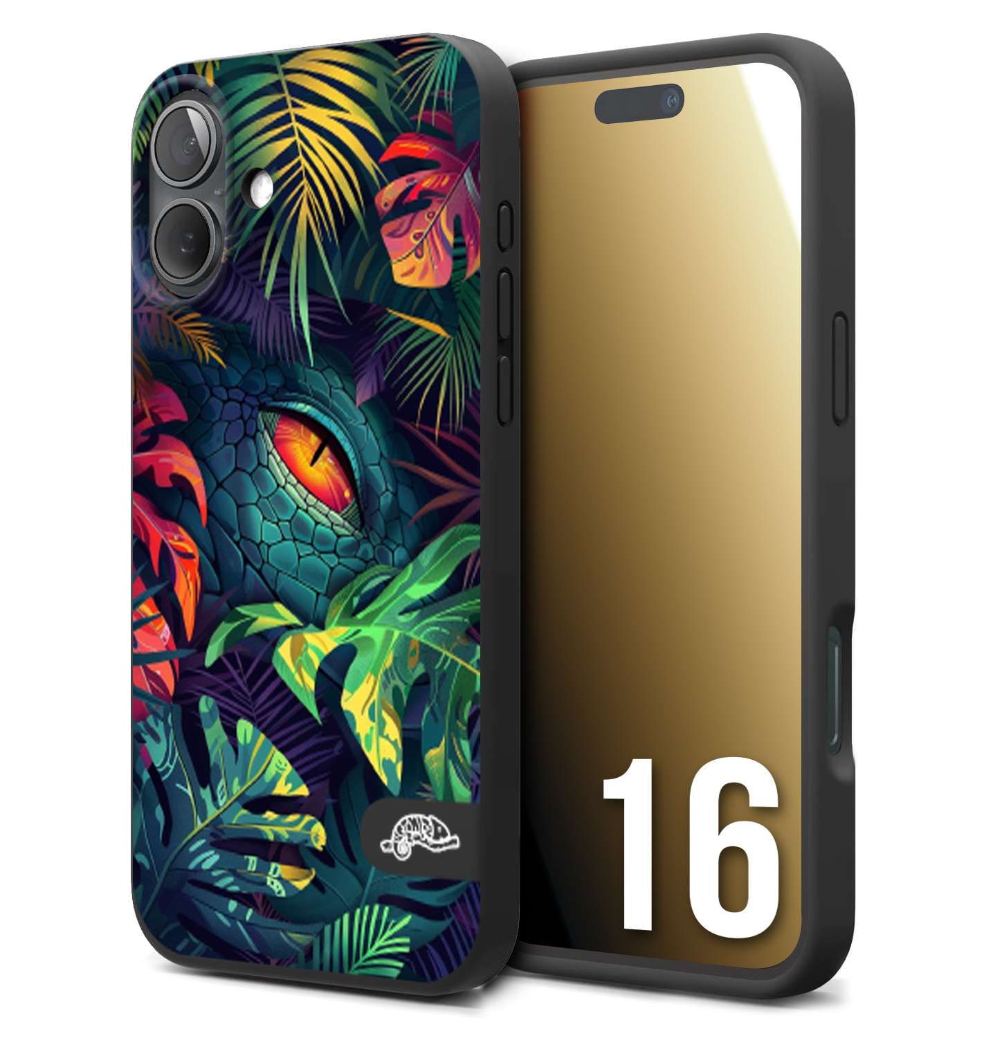 CUSTOMIZZA - Custodia cover nera morbida in tpu compatibile per iPhone 16 animali color giungla tropicale occhio di coccodrillo alligatore disegnato