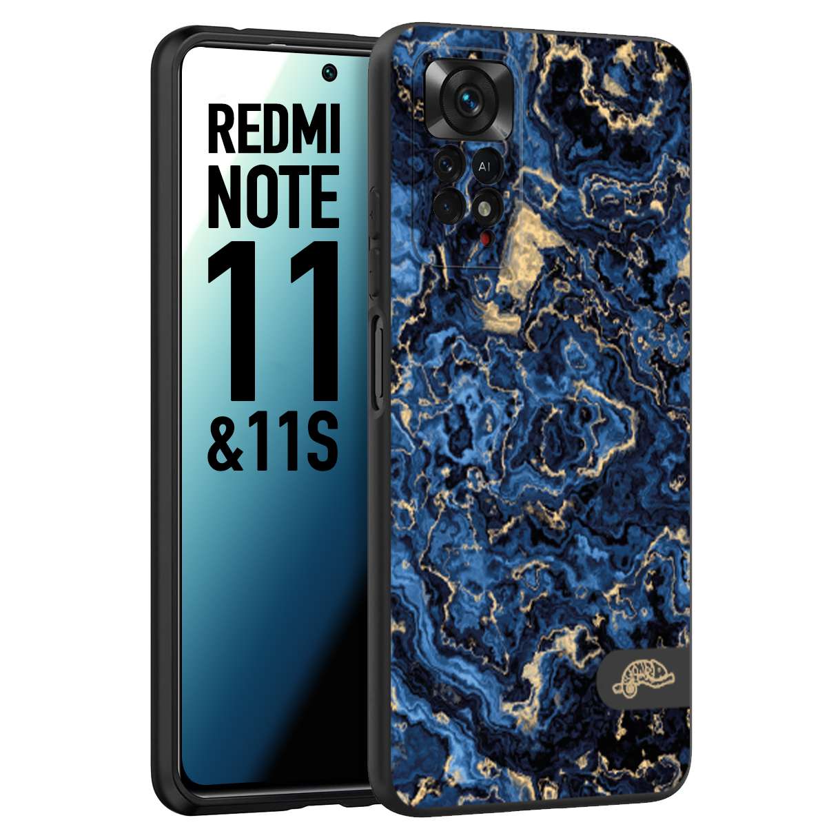 CUSTOMIZZA - Custodia cover nera morbida in tpu compatibile per Xiaomi Redmi Note 11 - Note 11S effetto marmo marble blu venature dorato psichedelico