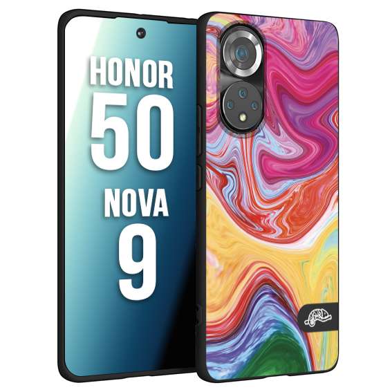 CUSTOMIZZA - Custodia cover nera morbida in tpu compatibile per Huawei Nova 9 - Honor 50 colorata fantasia vortice marmo onde verde fucsia gialla