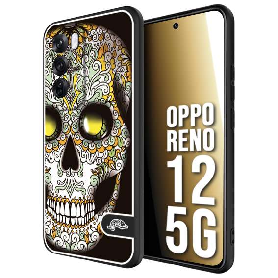 CUSTOMIZZA - Custodia cover nera morbida in tpu compatibile per Oppo Reno 12 5G teschio messicano Mexican skull bianco verde giallo