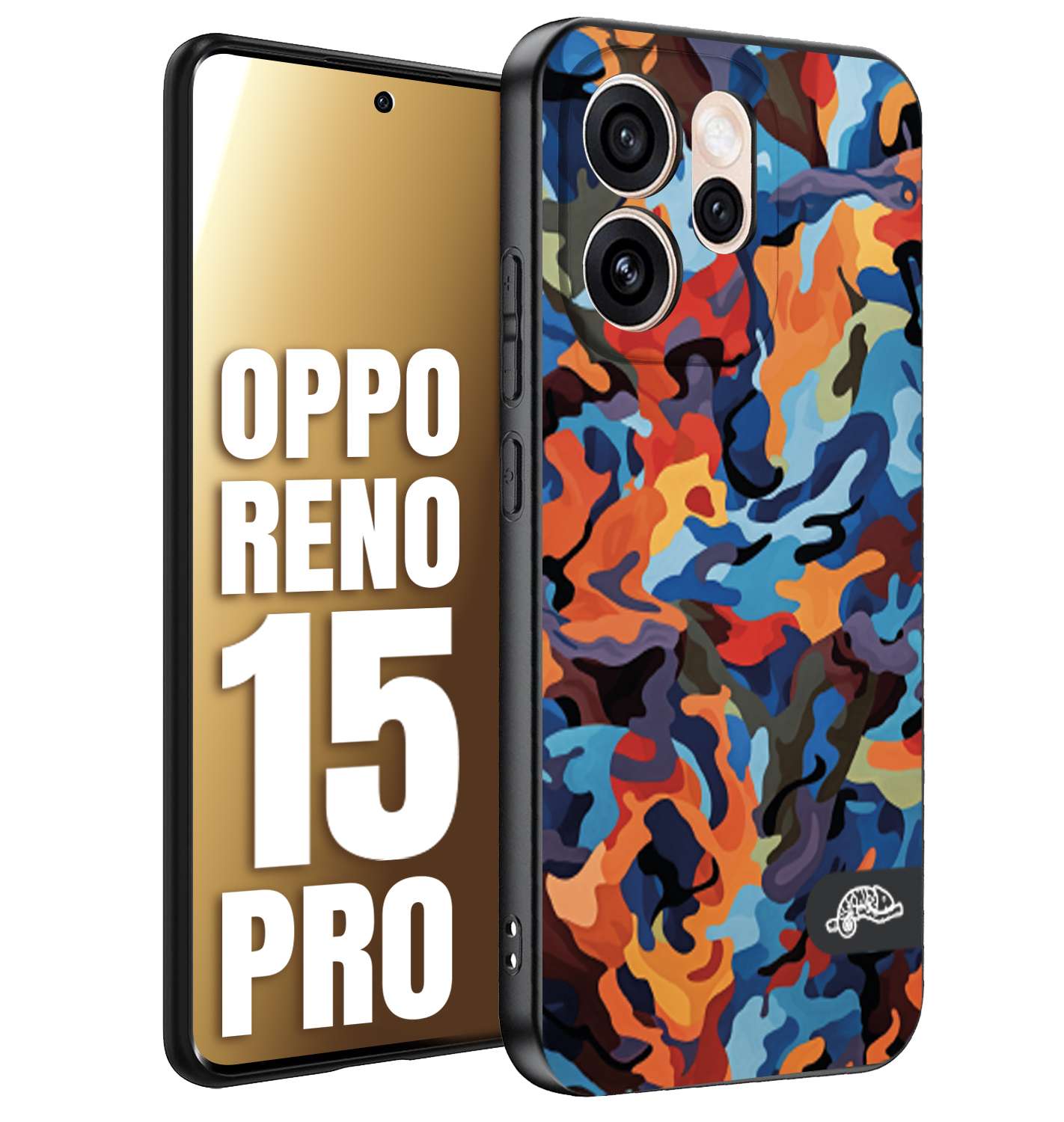 CUSTOMIZZA - Custodia cover nera morbida in tpu compatibile per Oppo Reno 15 PRO camouflage mimetico militare moderno blu arancio rosso