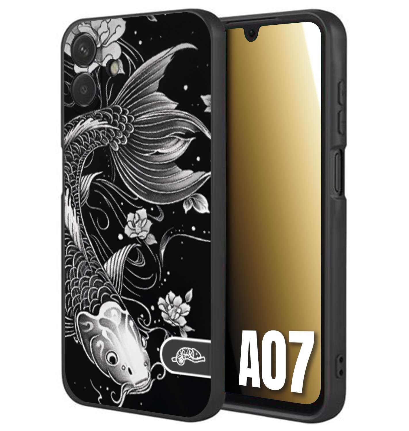 CUSTOMIZZA - Custodia cover nera morbida in tpu compatibile per Samsung A07 carpa koi black and white bianco a rilievo disegnato tattoo tatuaggio