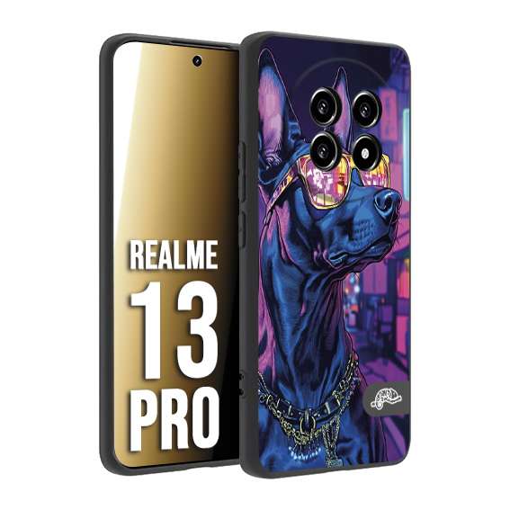 CUSTOMIZZA - Custodia cover nera morbida in tpu compatibile per Realme 13 PRO animali cyberpunk dobermann cane street dog fucsia blu night