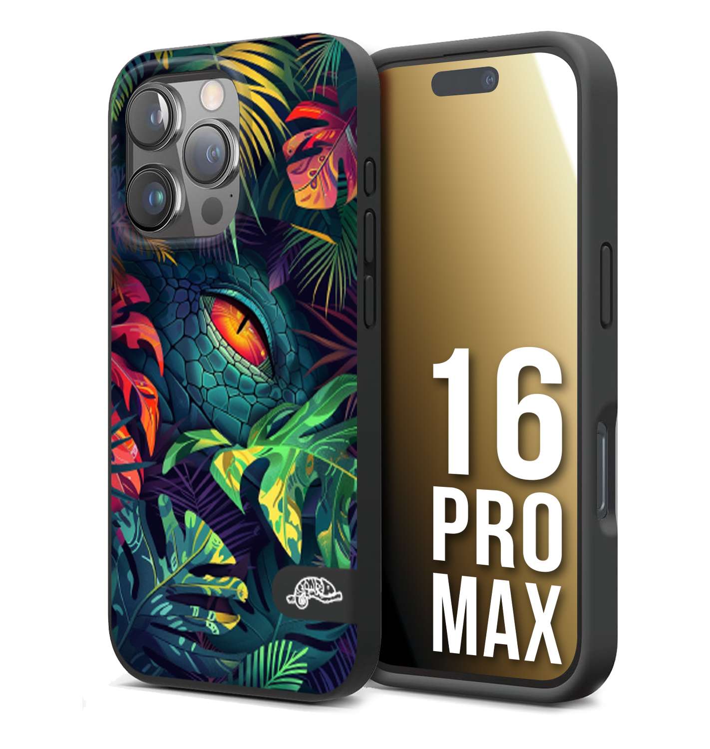 CUSTOMIZZA - Custodia cover nera morbida in tpu compatibile per iPhone 16 PRO MAX animali color giungla tropicale occhio di coccodrillo alligatore disegnato