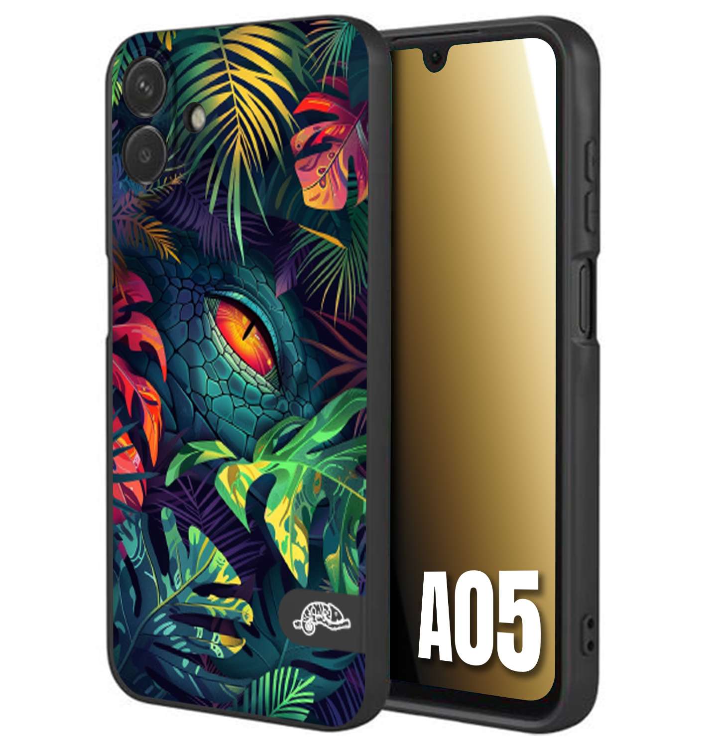 CUSTOMIZZA - Custodia cover nera morbida in tpu compatibile per Samsung A05 animali color giungla tropicale occhio di coccodrillo alligatore disegnato