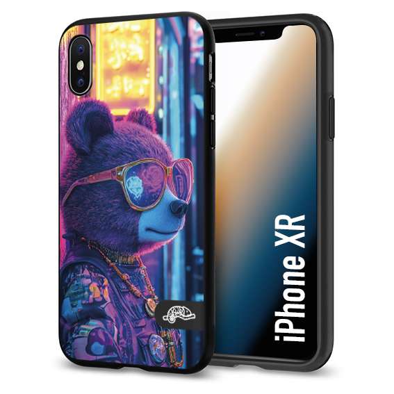 CUSTOMIZZA - Custodia cover nera morbida in tpu compatibile per iPhone Xr animali cyberpunk orsetto orso street bear fucsia blu night