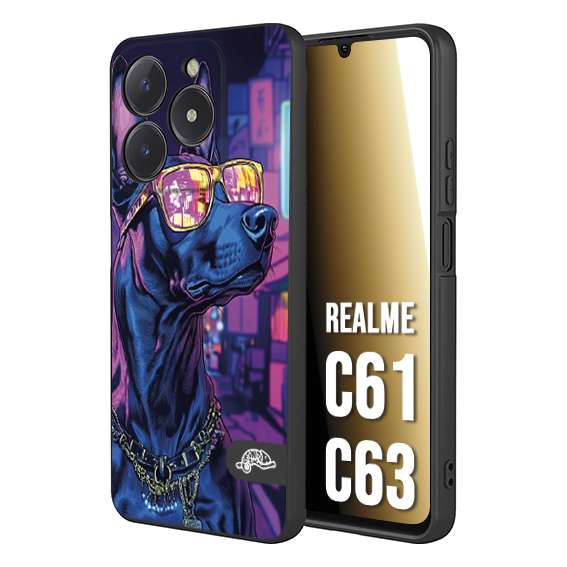 CUSTOMIZZA - Custodia cover nera morbida in tpu compatibile per Realme C61 - C63 animali cyberpunk dobermann cane street dog fucsia blu night